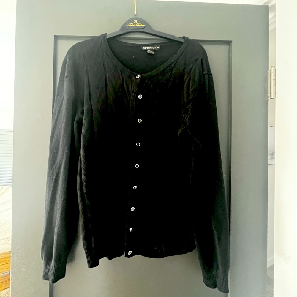 Black cardigan, button up, long sleeve, size medium